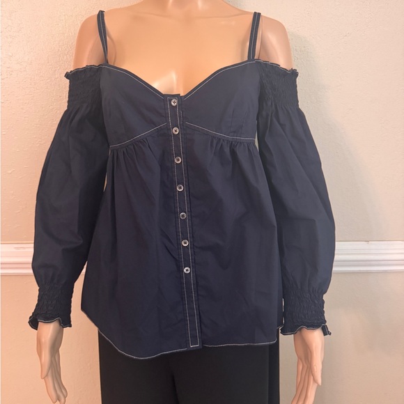 Rebecca Taylor navy  Off-Shoulder Button-Down Top NWOT - Picture 3 of 7